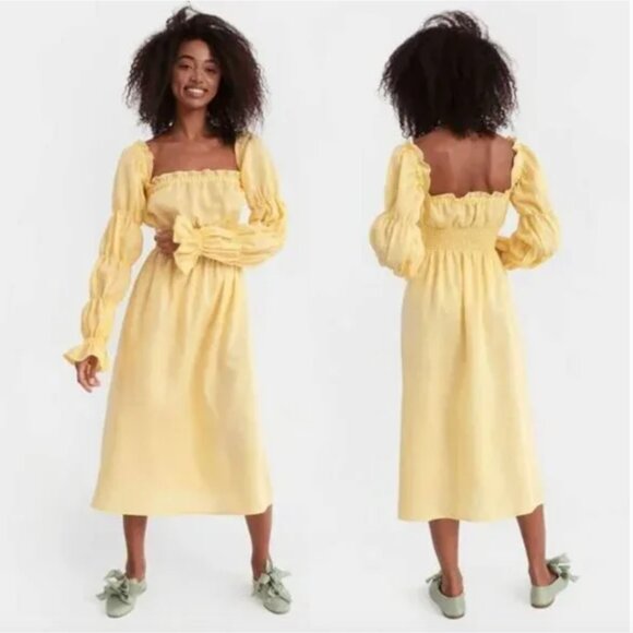 Sleeper Linen Michelin Off-Shoulder Midi Dress in Yellow - Size L - Picture 2 of 10